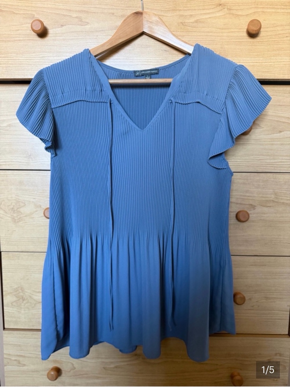 Slate Blue Pleated Tunic Blouse | Flutter Sleeve Boho Top